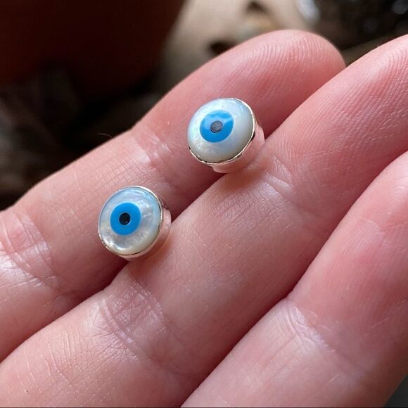 Evil Eye Shell And Turquoise solid Sterling Silver Stud Earrings - Picture 7 of 7